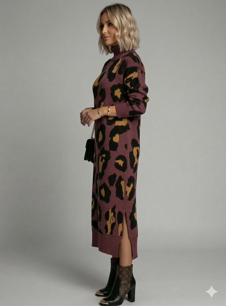 Leopard Print Turtleneck Sweater Dress