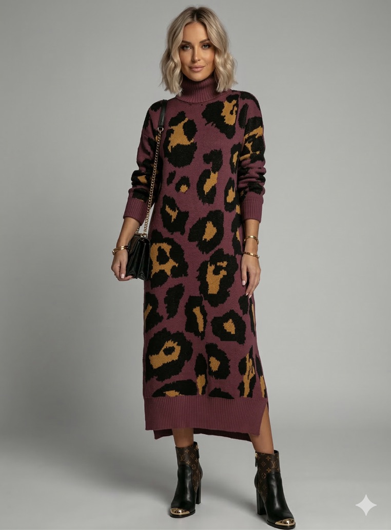 Leopard Print Turtleneck Sweater Dress
