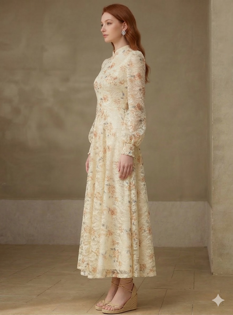 Mandarin Collar Waist Cinched Floral Lantern Sleeve Dress
