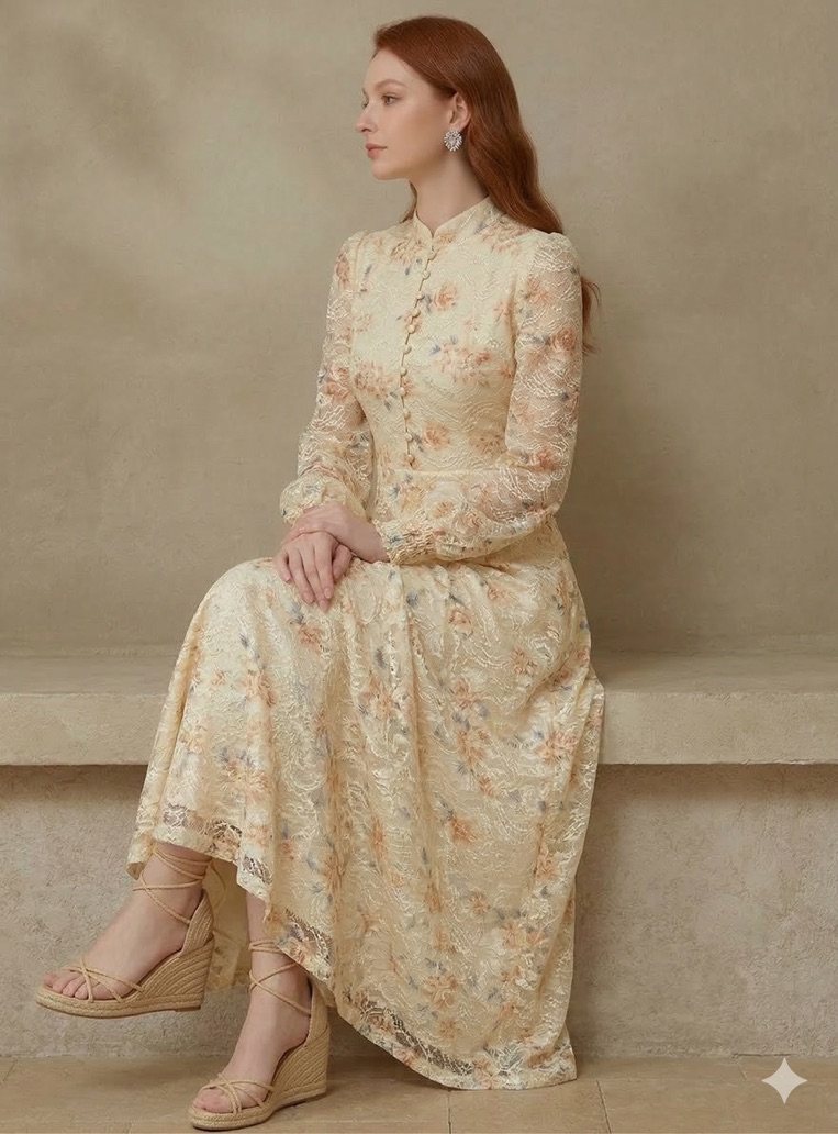 Mandarin Collar Waist Cinched Floral Lantern Sleeve Dress