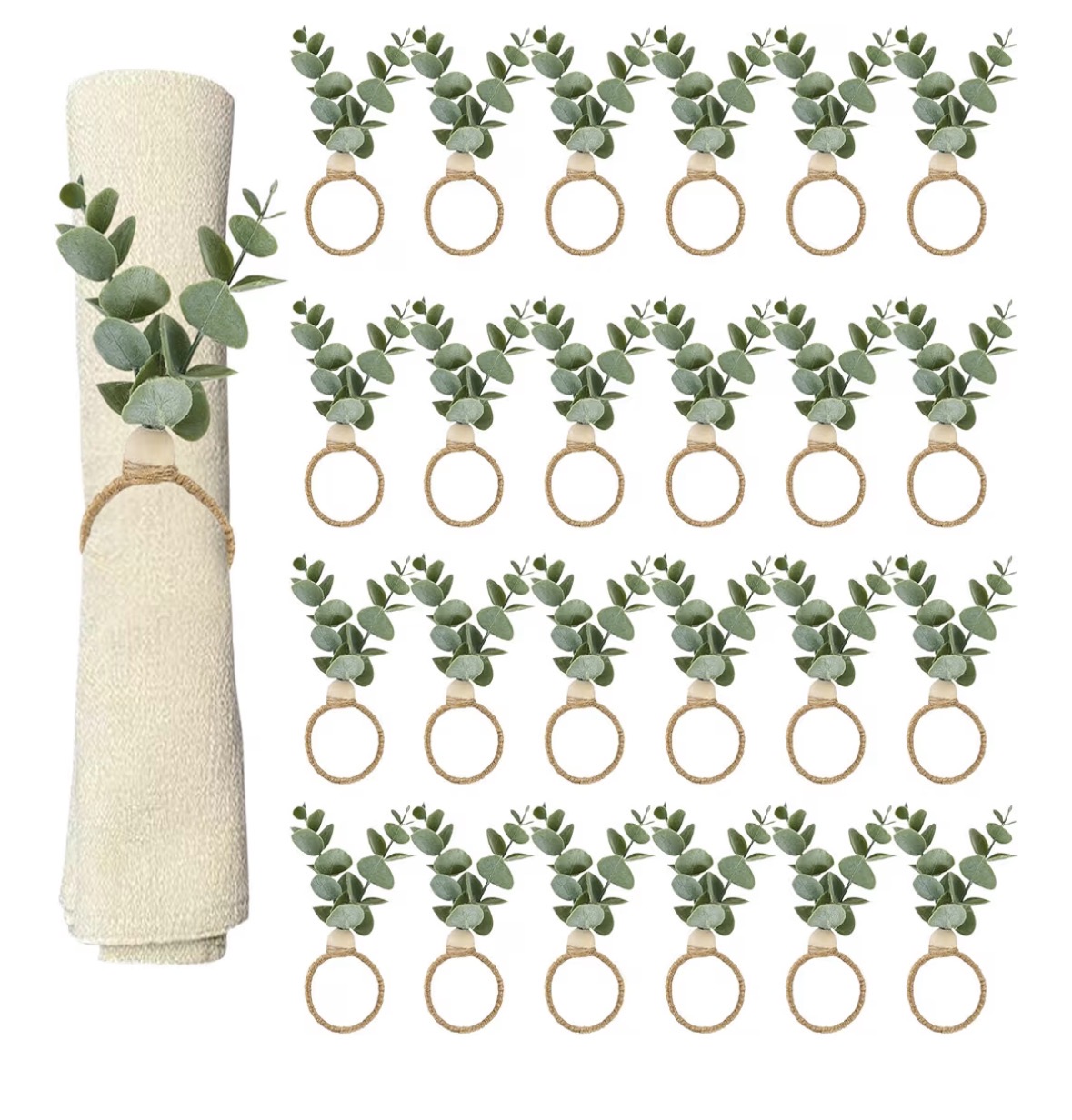 24 Pcs Napkin Rings with Artificial Eucalyptus