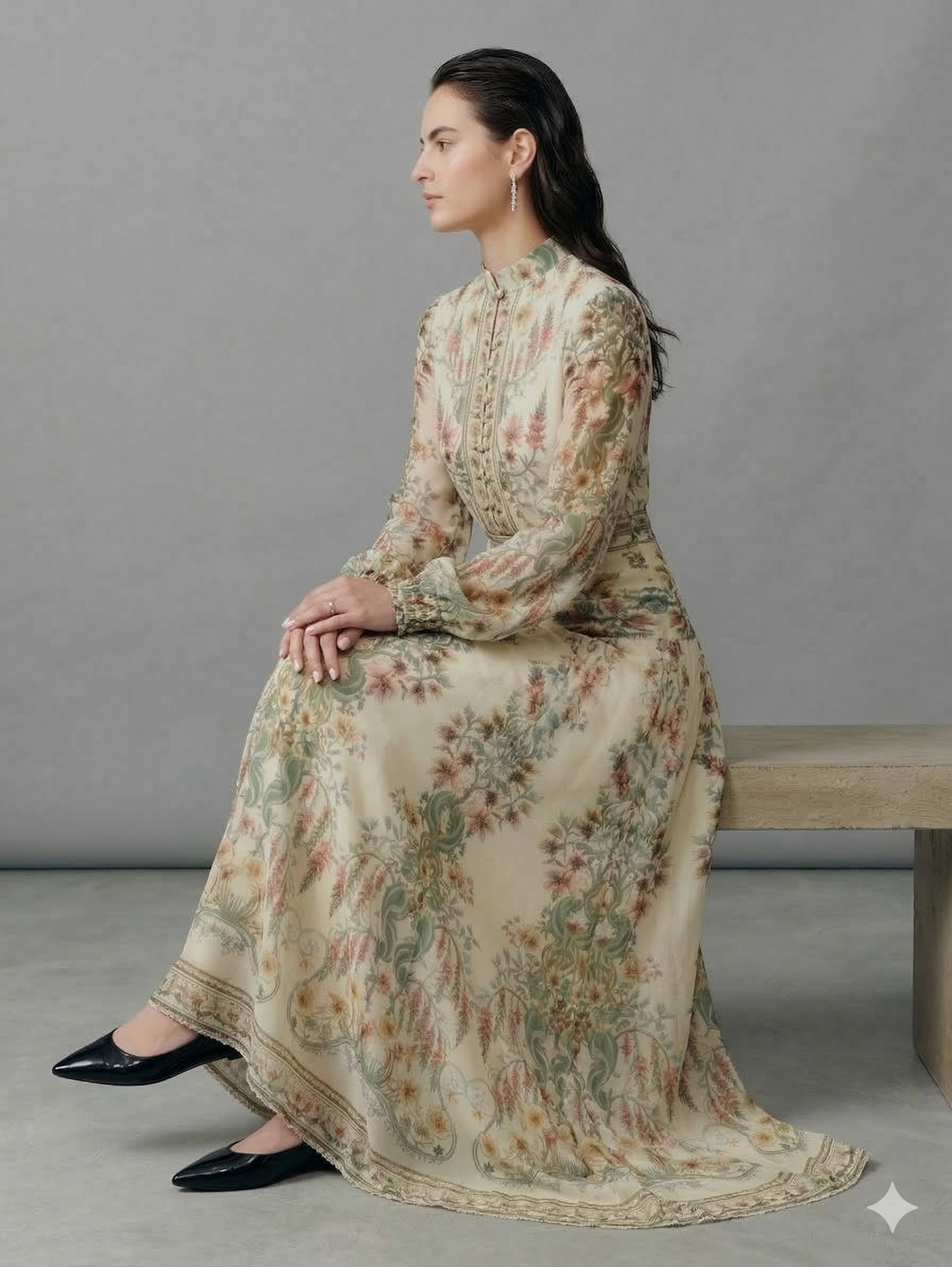 French Style Floral High Collar Cinched Waist Maxi Dress