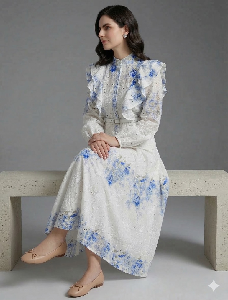 Ruffle Embroidered Floral Blouse & Midi Skirt Set