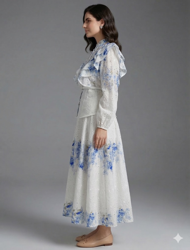 Ruffle Embroidered Floral Blouse & Midi Skirt Set