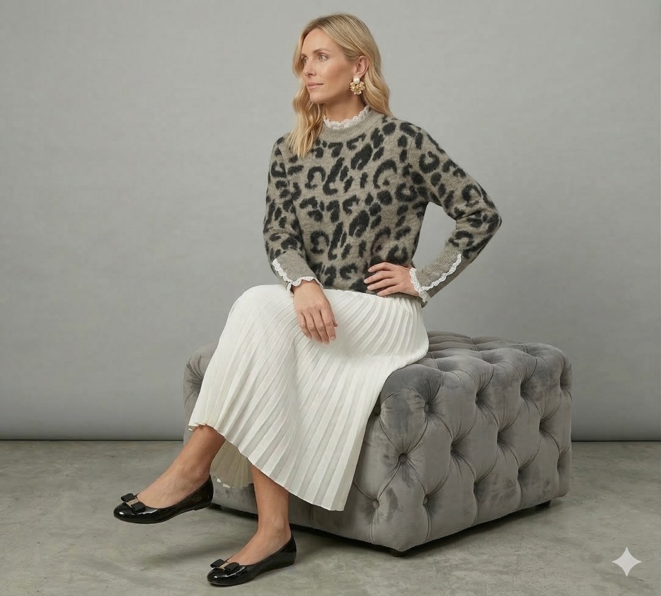 Lace Leopard Jacquard Knit Sweater Top