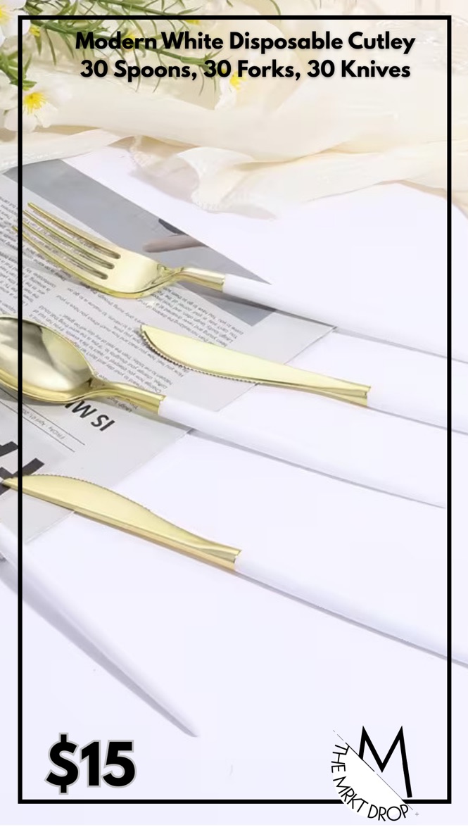 Modern White Disposable Cutley 30 Spoons, 30 Forks, 30 Knives