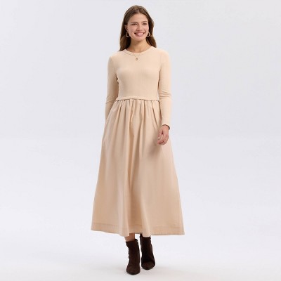 Women's Long Sleeve Woven Knit Midi Sweater Dress