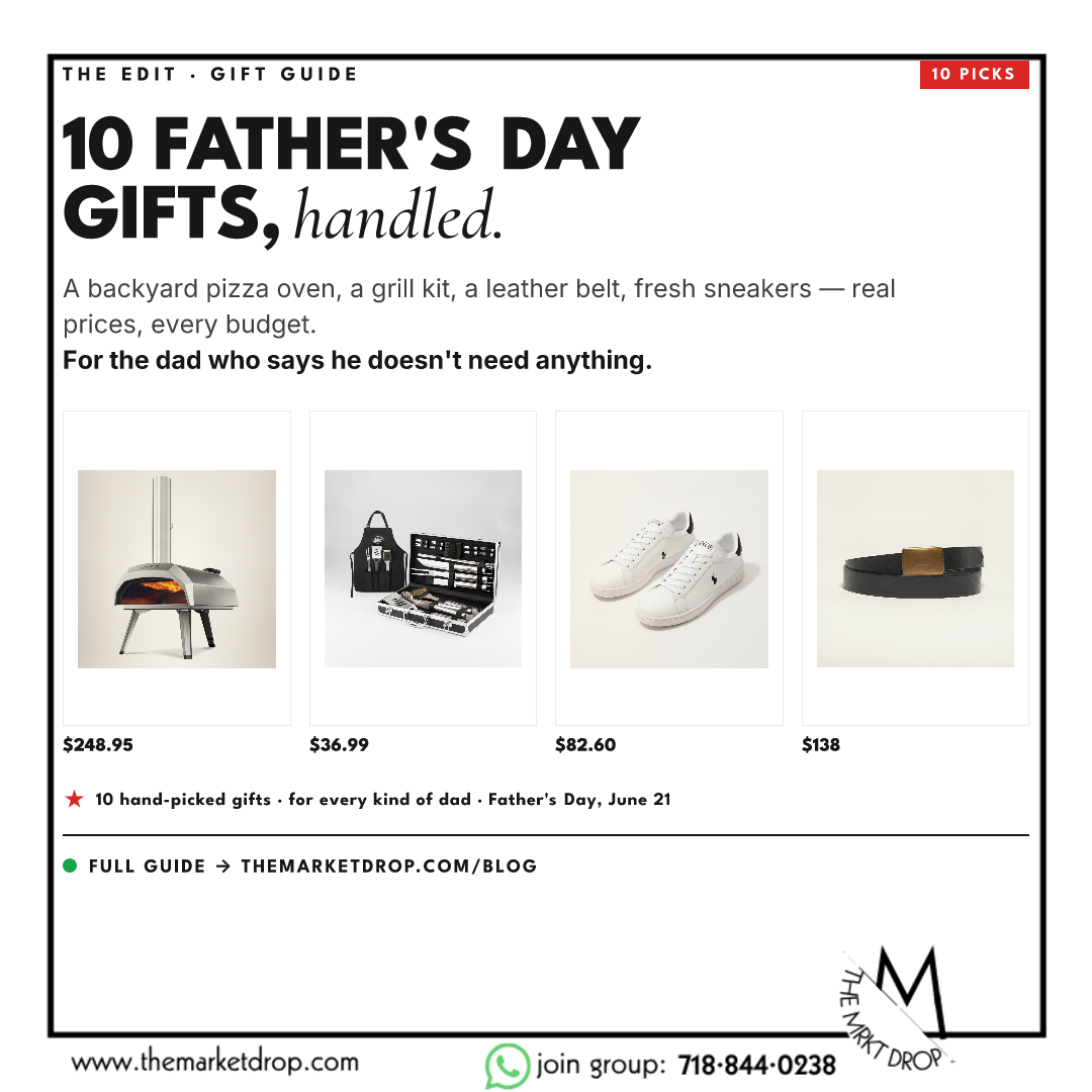 The Market Drop Father's Day gift guide — 10 picks including a pizza oven, grill kit, leather belt and sneakers.