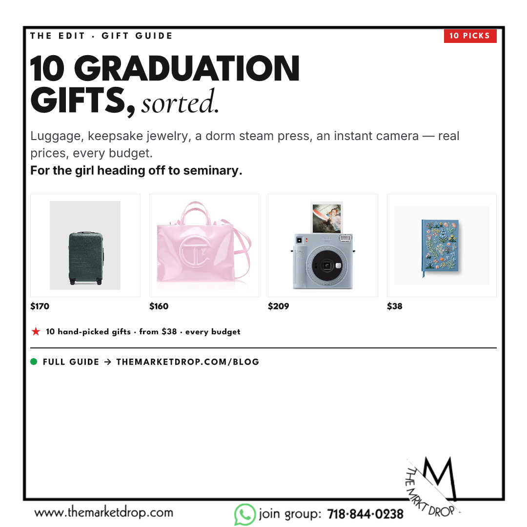 A Top 10 graduation gift guide for a girl leaving for seminary — luggage, a Telfar tote, and a Fujifilm instant camera.