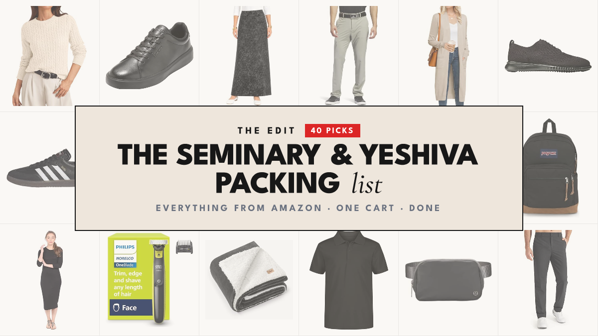 A grid of the seminary and yeshiva packing list picks — sweaters, a maxi skirt, dress pants, sneakers, a backpack, a throw blanket and a belt bag