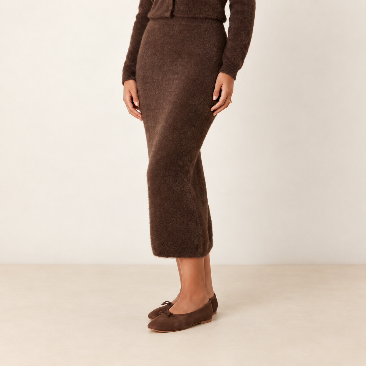vila super soft fluffy maxi skirt in chocolate brown part of a set