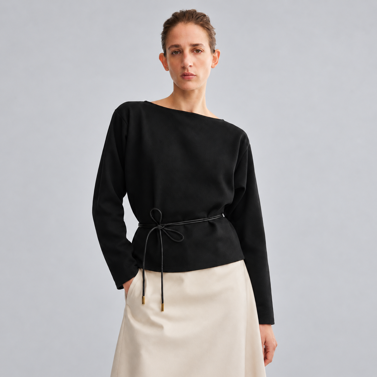 Belted Rib-Knit Sweater — Black