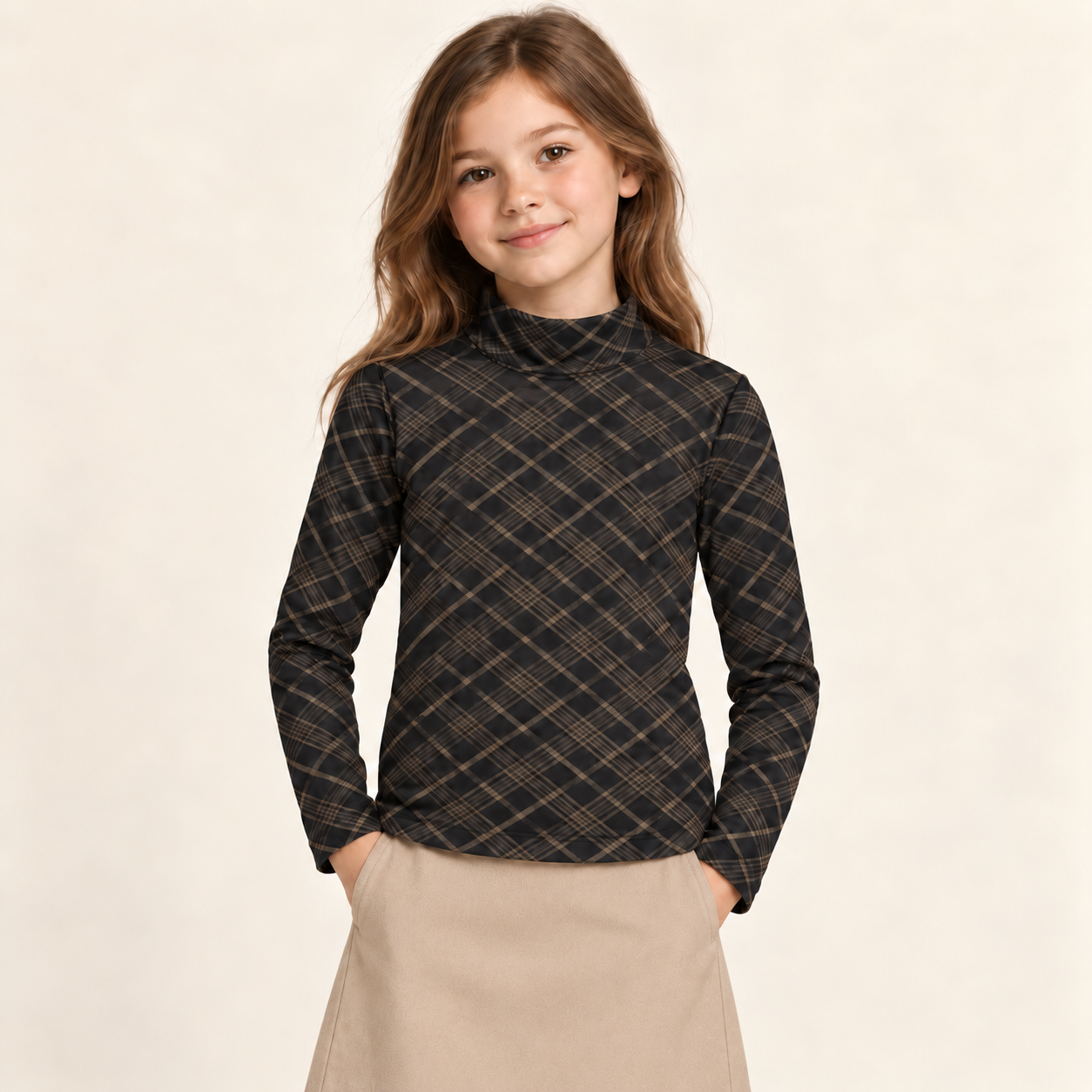 Plaid Printed Mockneck — Black