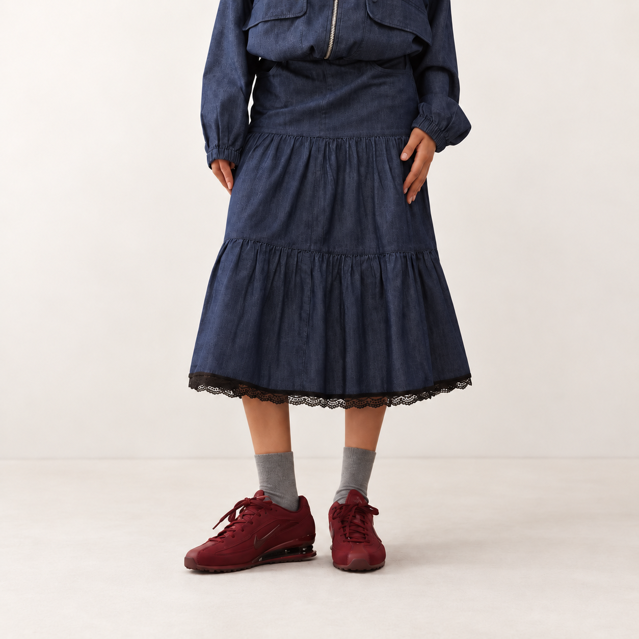 Reclaimed Vintage tiered midi skirt with lace trim in indigo denim