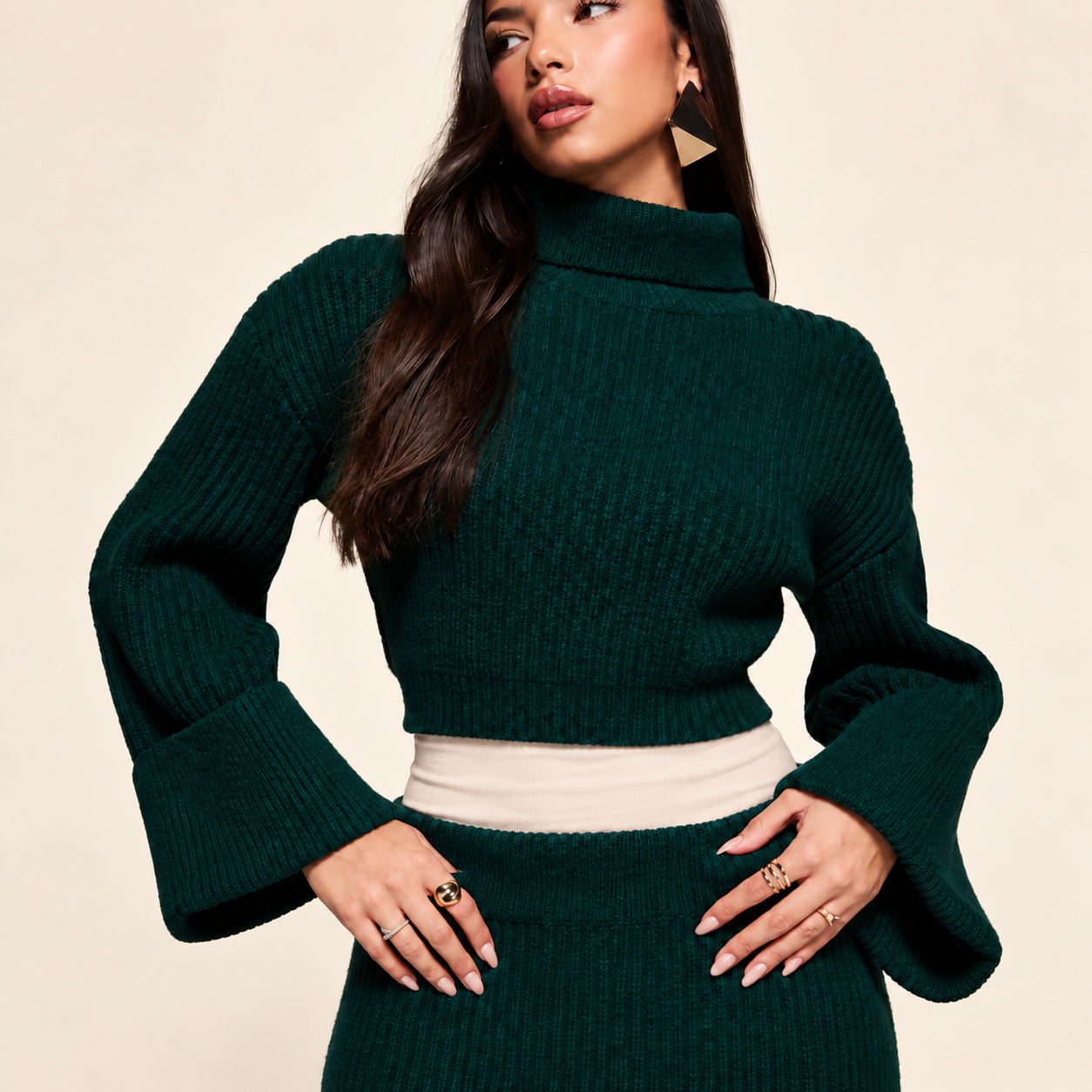 wanderdoll exclusive mabel turtle neck wide foldover sleeve cropped sweater in forest green part of a set