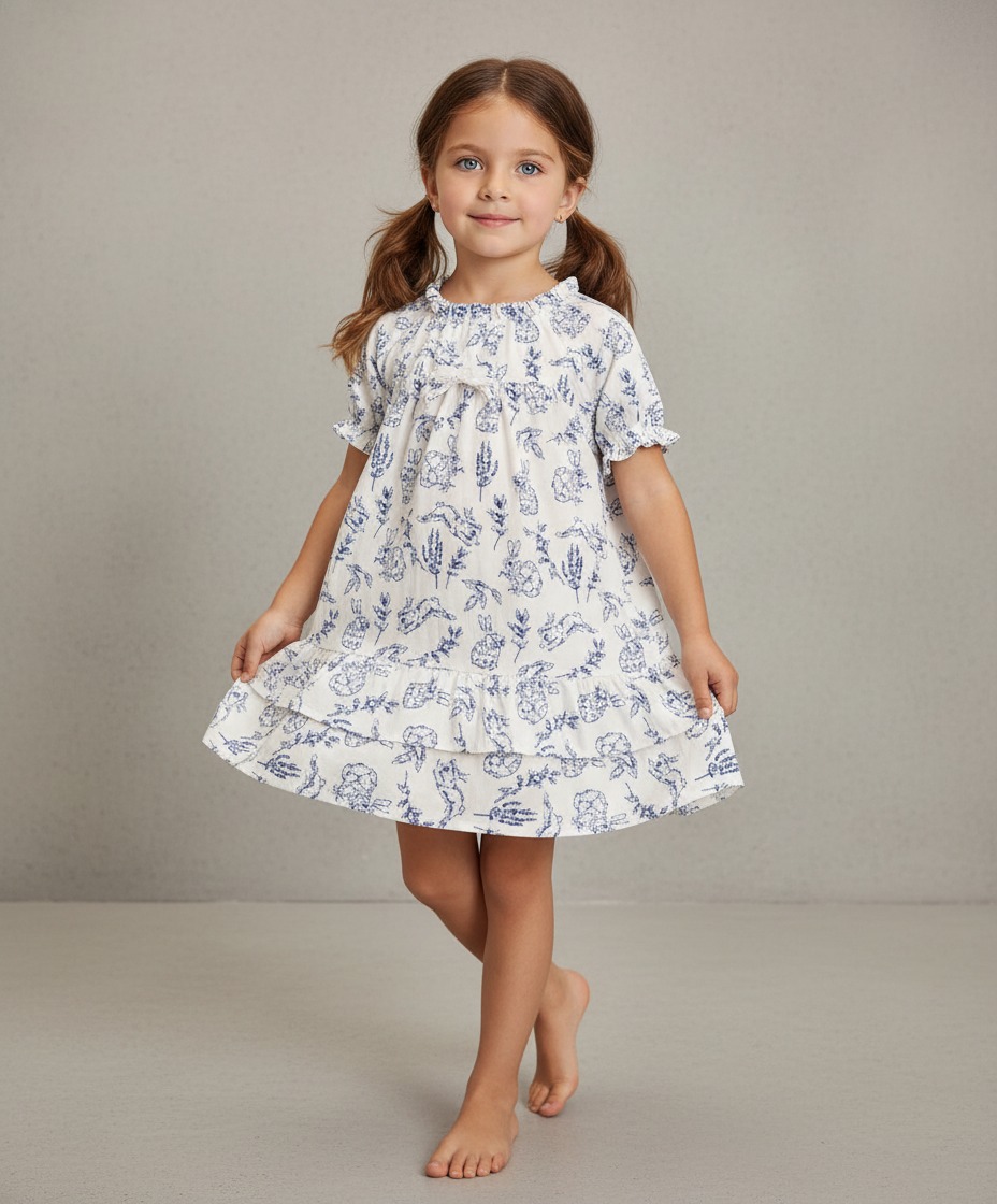 Girls Bunny Toile Poplin Ruffle Nightgown - Gymmies - White