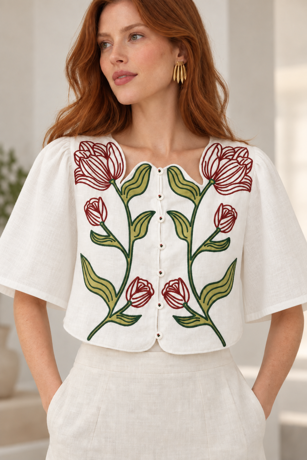 Off-White Flower Embroidered Crop Top