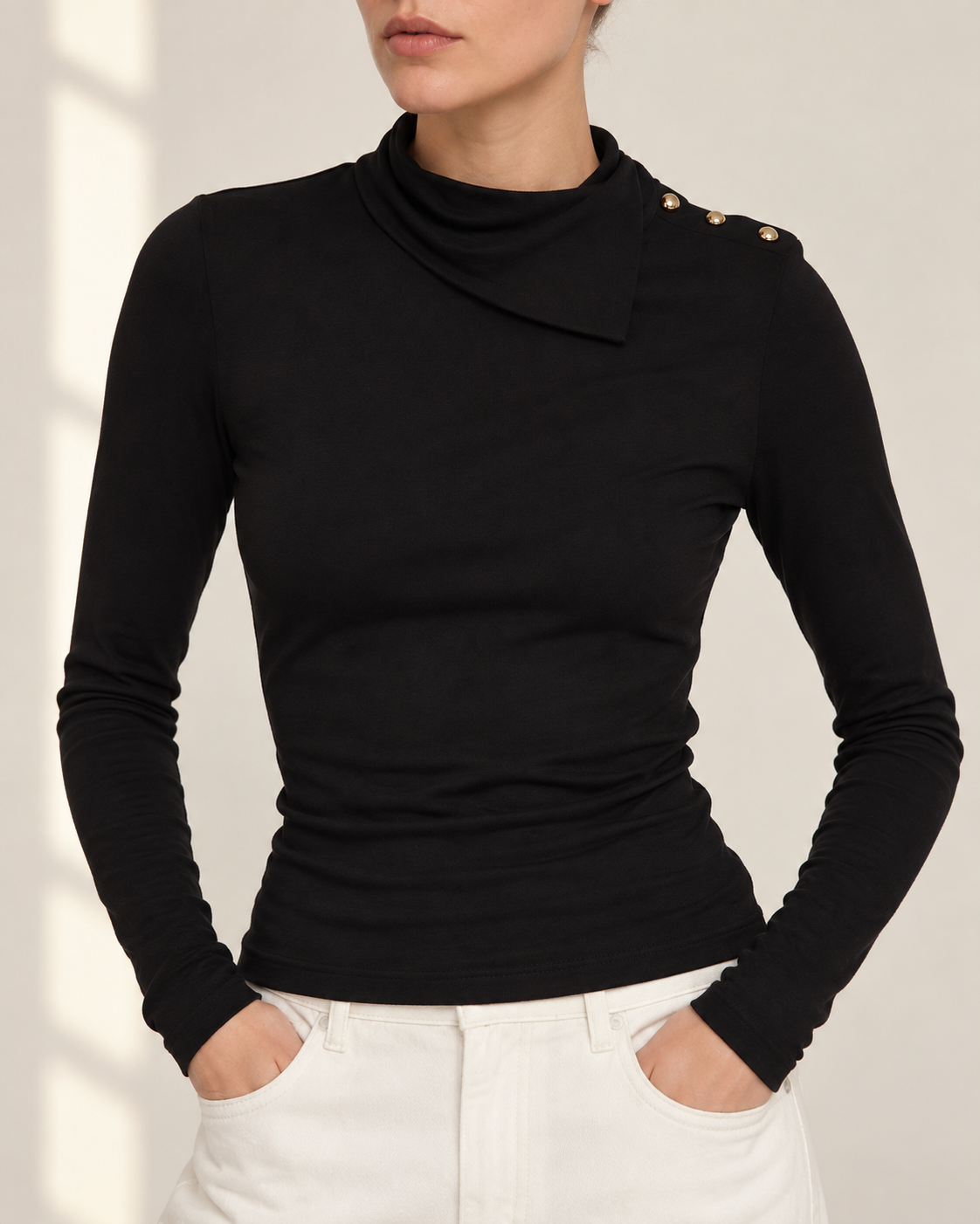 Button-Detail Mock Turtleneck Top