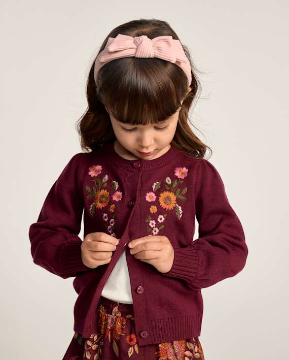 Girls Embroidered Floral Cardigan — Burgundy