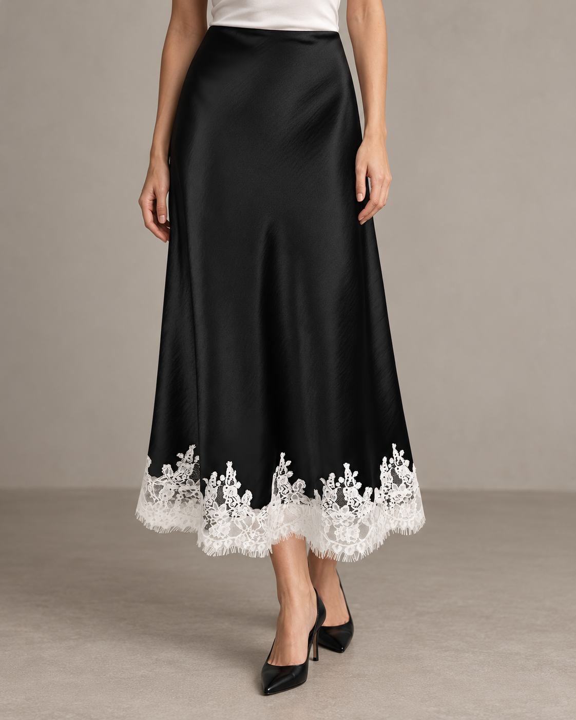 VividMosaic Lace-Trim Satin Midi Skirt — Black with White Lace
