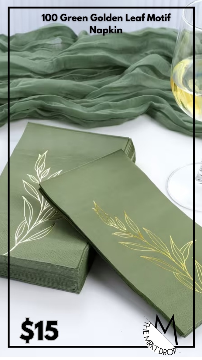 100 Green Golden Leaf Motif Napkin
