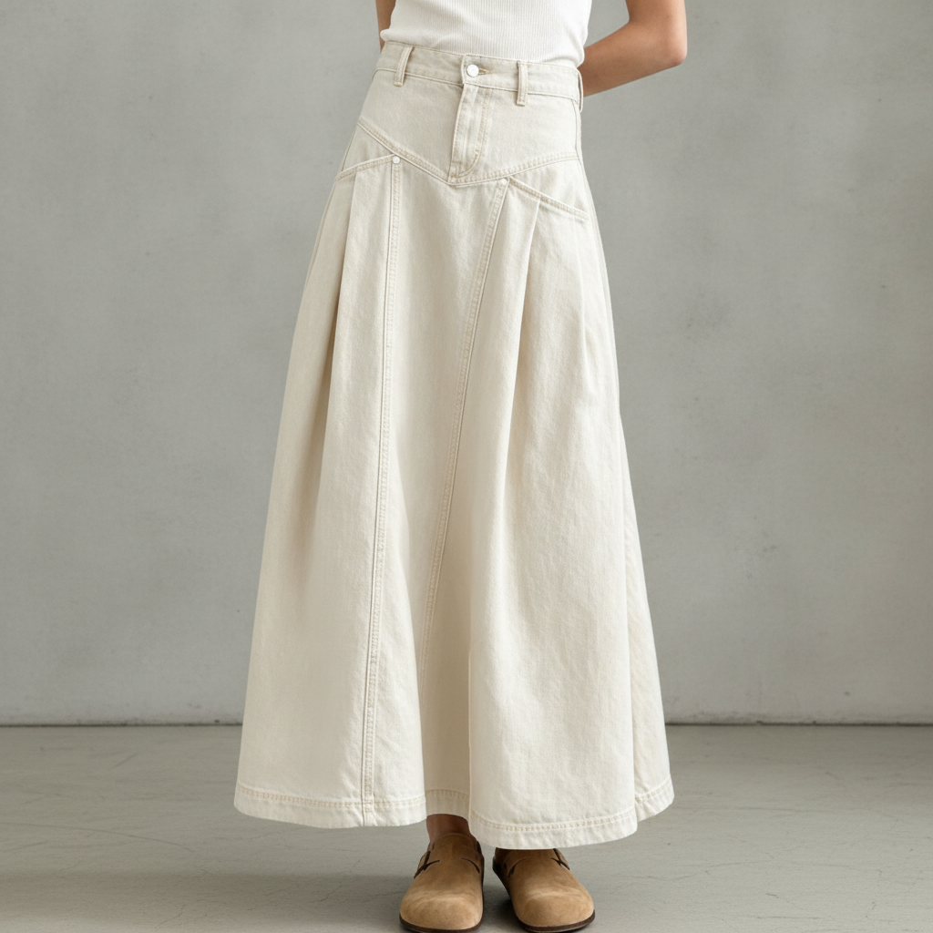 Chartou Denim Pleated Long Maxi Skirt