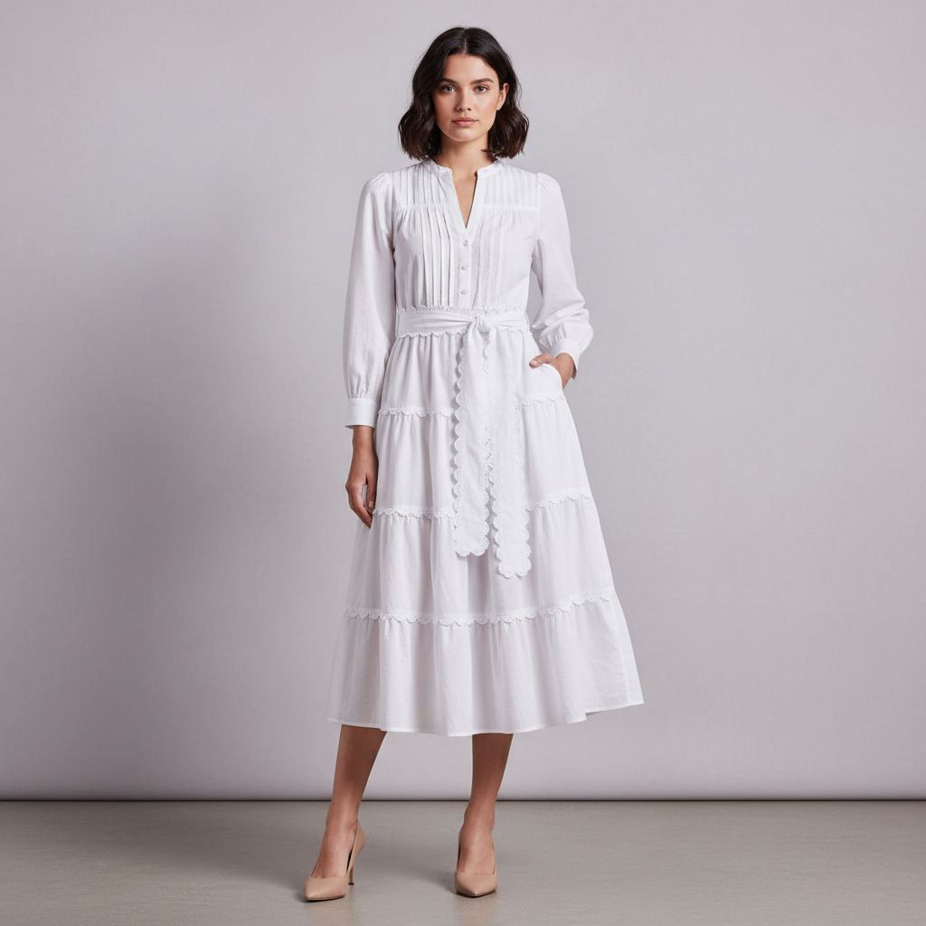 Women's Long Sleeve Scallop Trim Shirt Dress