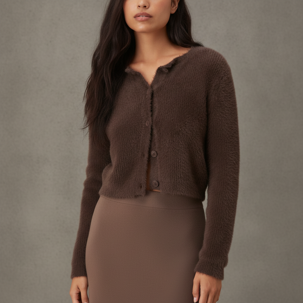 vila super soft fluffy cardigan in chocolate brown part of a set