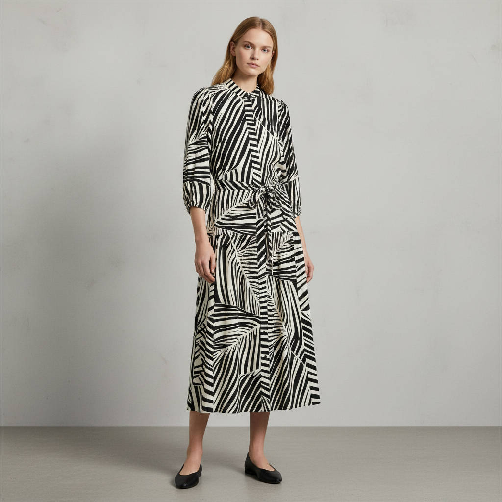 Women's Black/zebra print Long Puff-Sleeved Dress