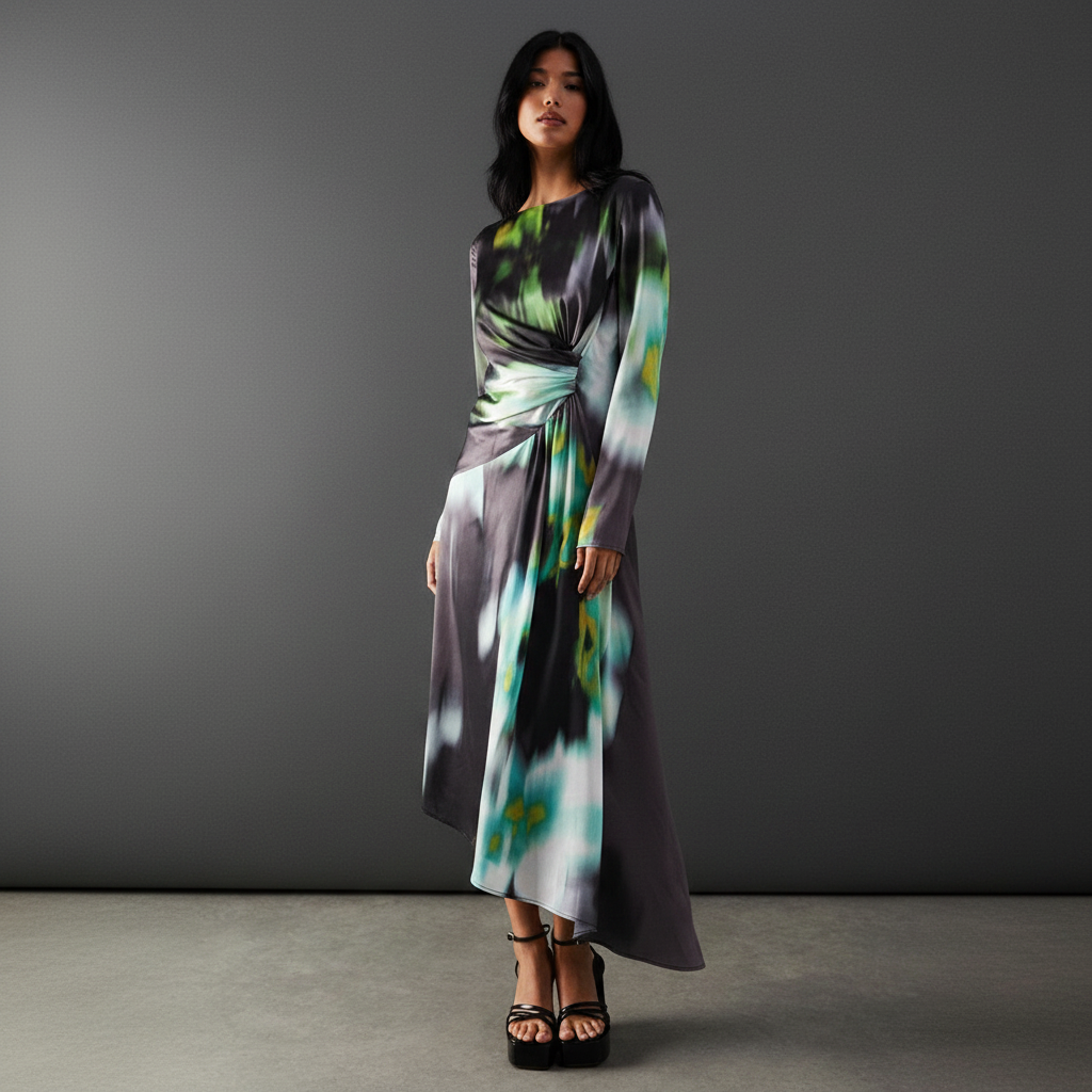 Printed Satin Knot Front Asymmetric Hem Midi Dress