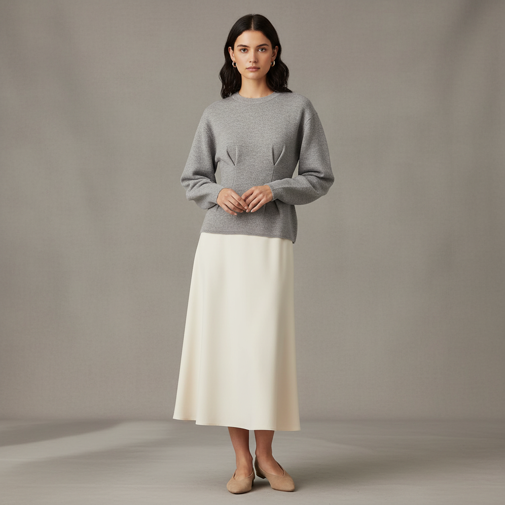 Gina Tricot Long Sleeve Sculpted Crew Neck Knit Peplum Sweater in Mid Gray Melange