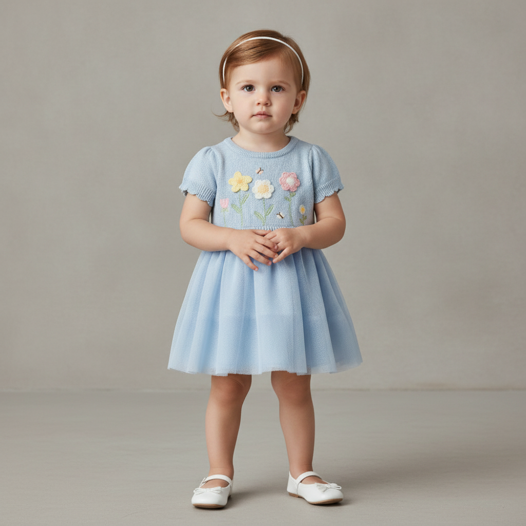 Baby Girls Crochet Floral Tutu Dress - Enchanted Garden - Blue