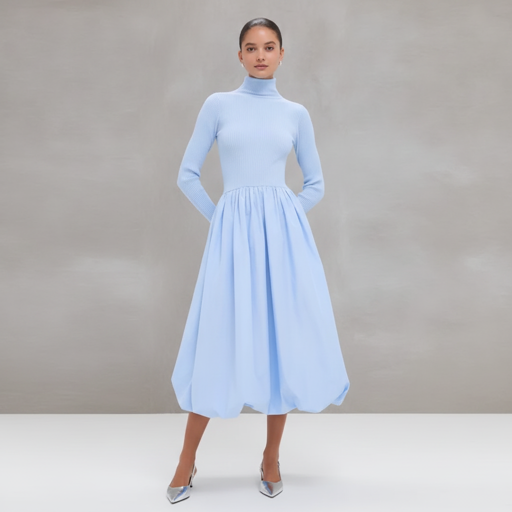 Ice Blue Mixed-Media Michaela Midi Dress
