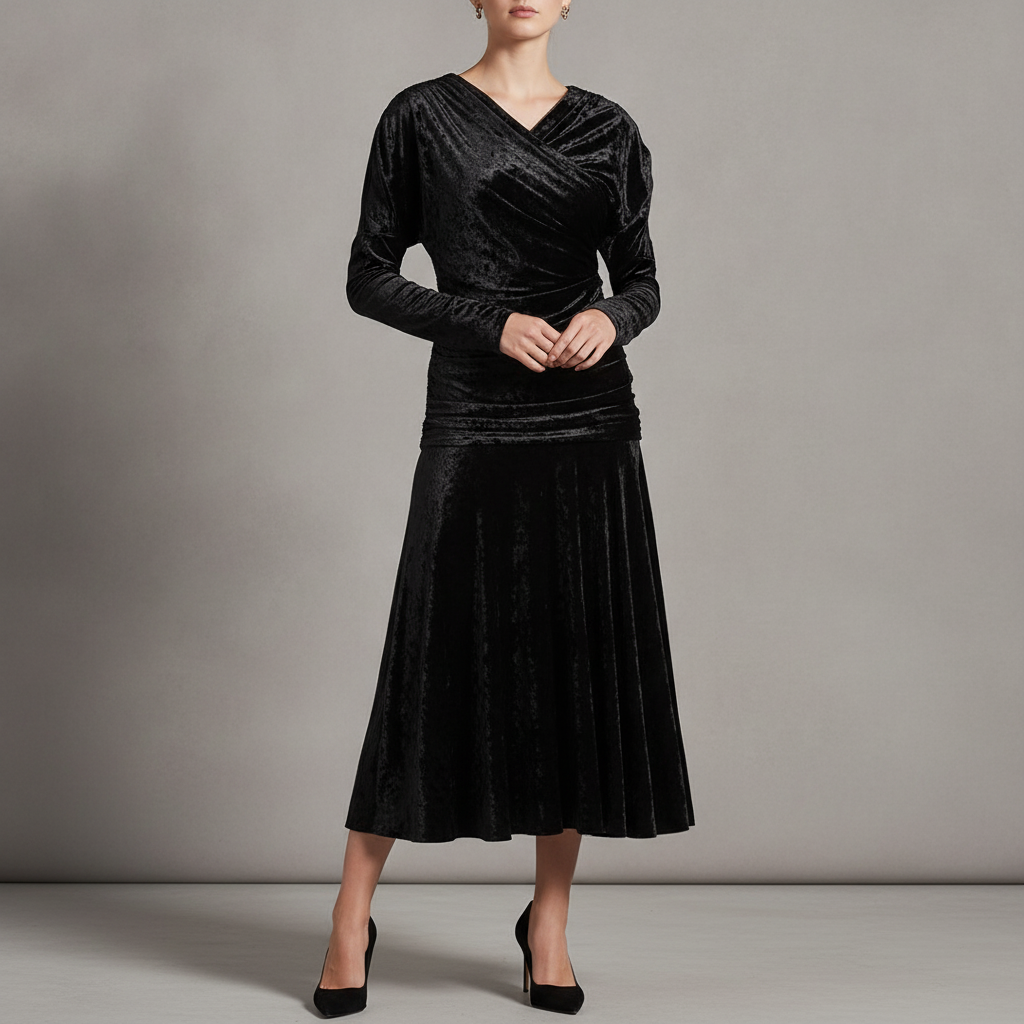 Ruched Velour Jersey A-Line Midi-Dress