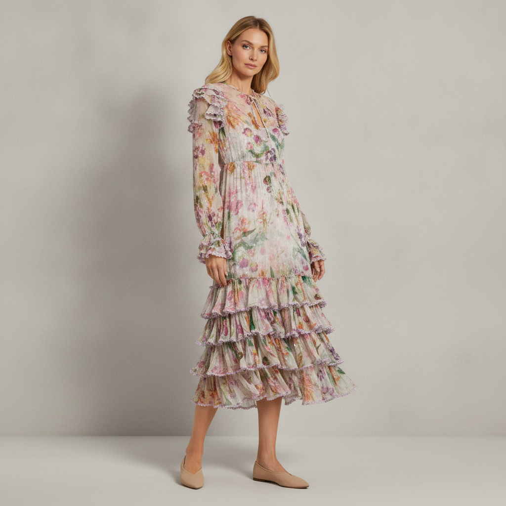 Women's Long Sleeve Ruffle Detail Floral Shift Dress