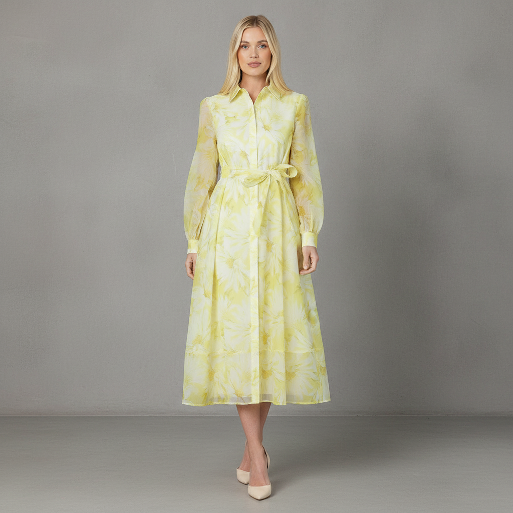 Petite Floral Organza Shirt Midi Dress