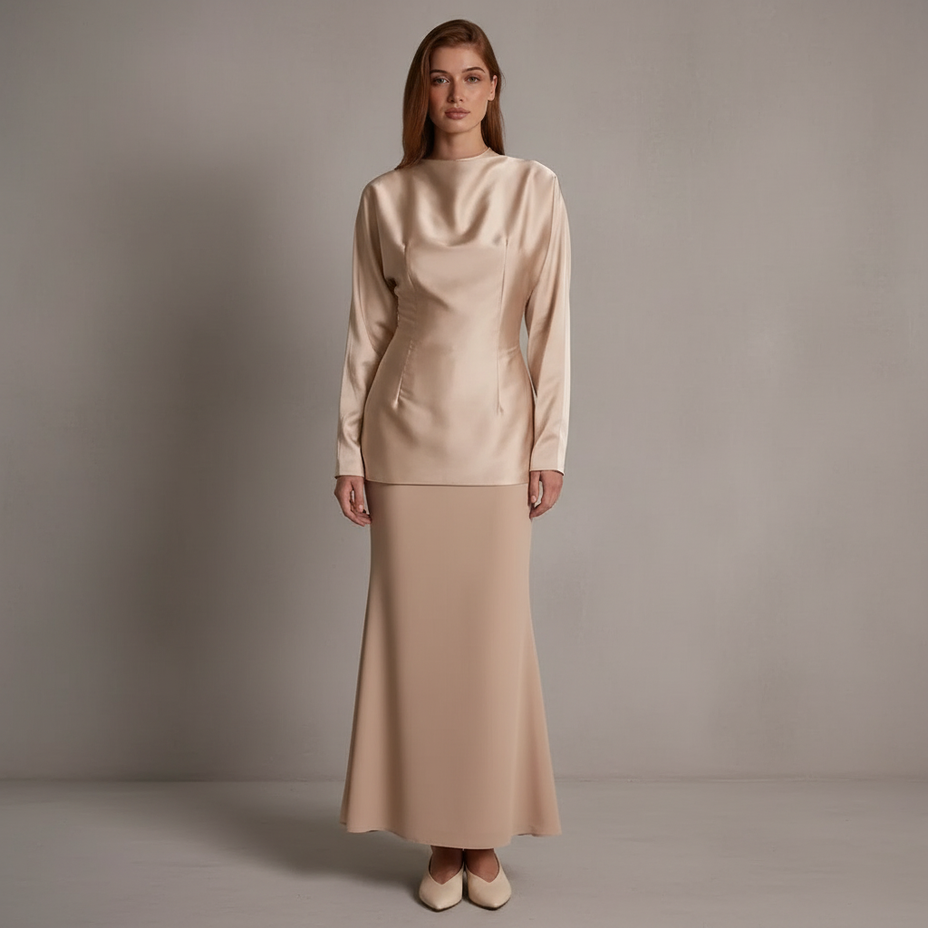 PLT Label Champagne Satin High Neck Chiffon Fishtail Skirt Maxi Dress
