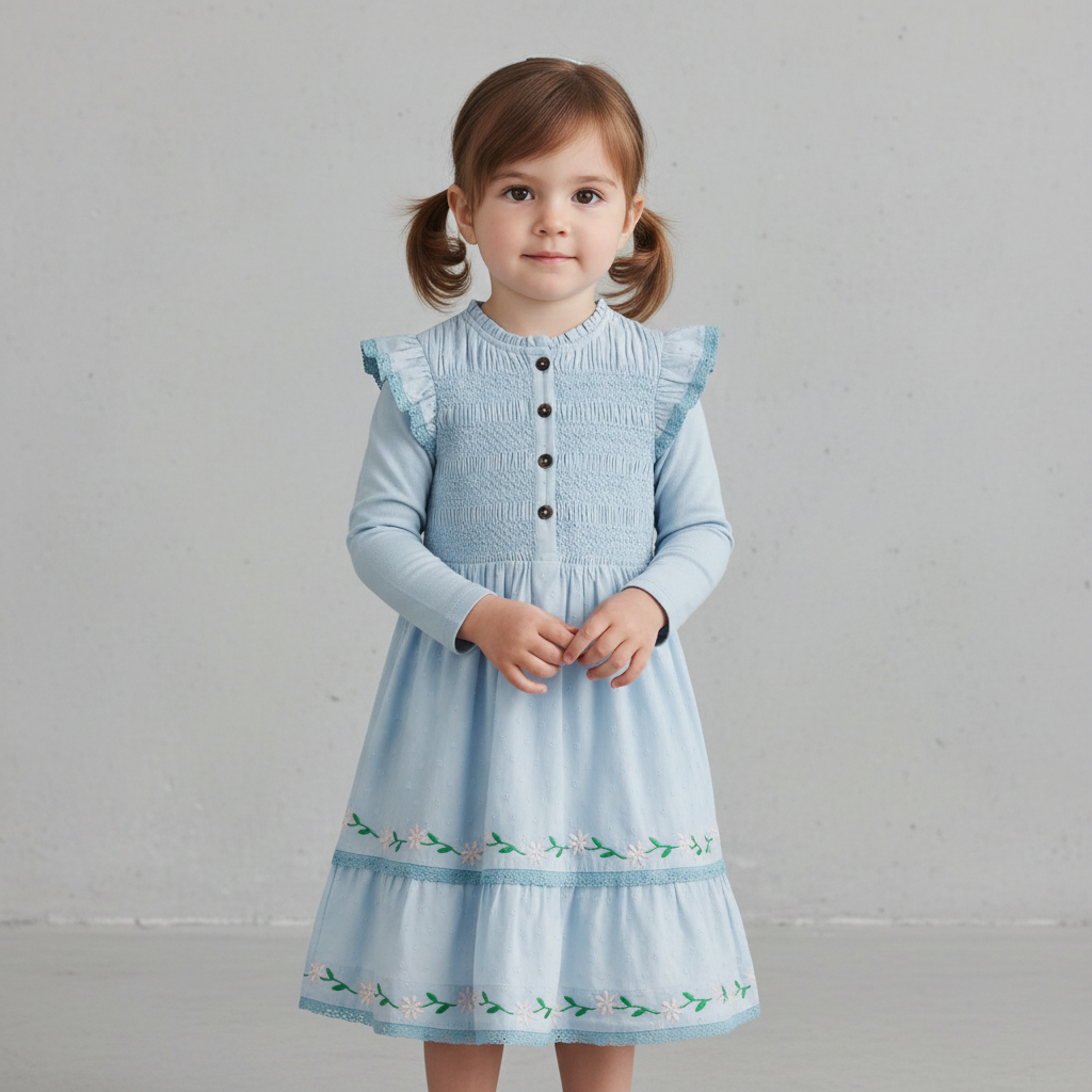 Shirred Bodice Midi Dress-Misty Blue - pictured with Light Blue Abardsion Long Sleeve Fitted Shell