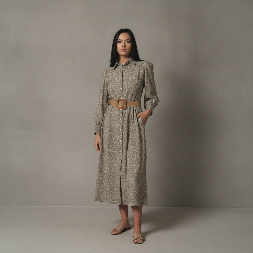 Green Abstract Midi Dress w/ Belt