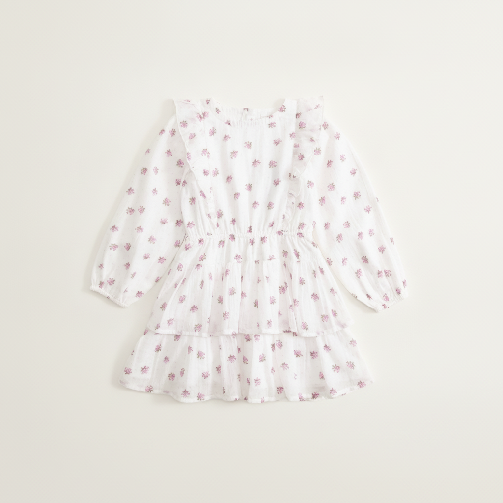 Toddler Long-Sleeve Tiered Dress in Burgundy Floral