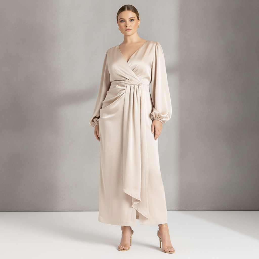 Satin Puff Sleeve Pleated Dress