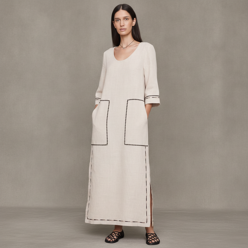 Embroidered Linen Scoop-Neck Maxi Dress