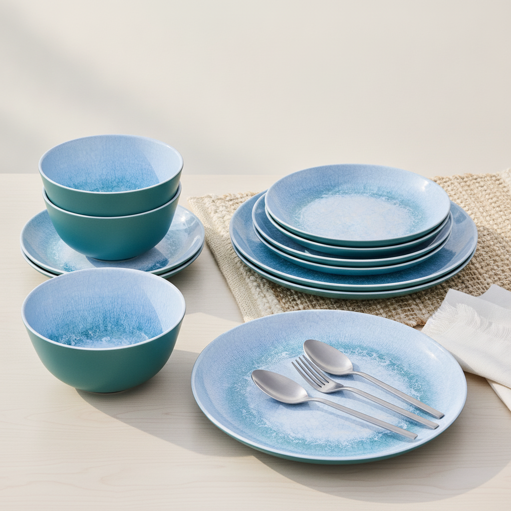 Better Homes & Gardens 12 Piece Bamboo Melamine Blue Reactive Dinnerware Set
