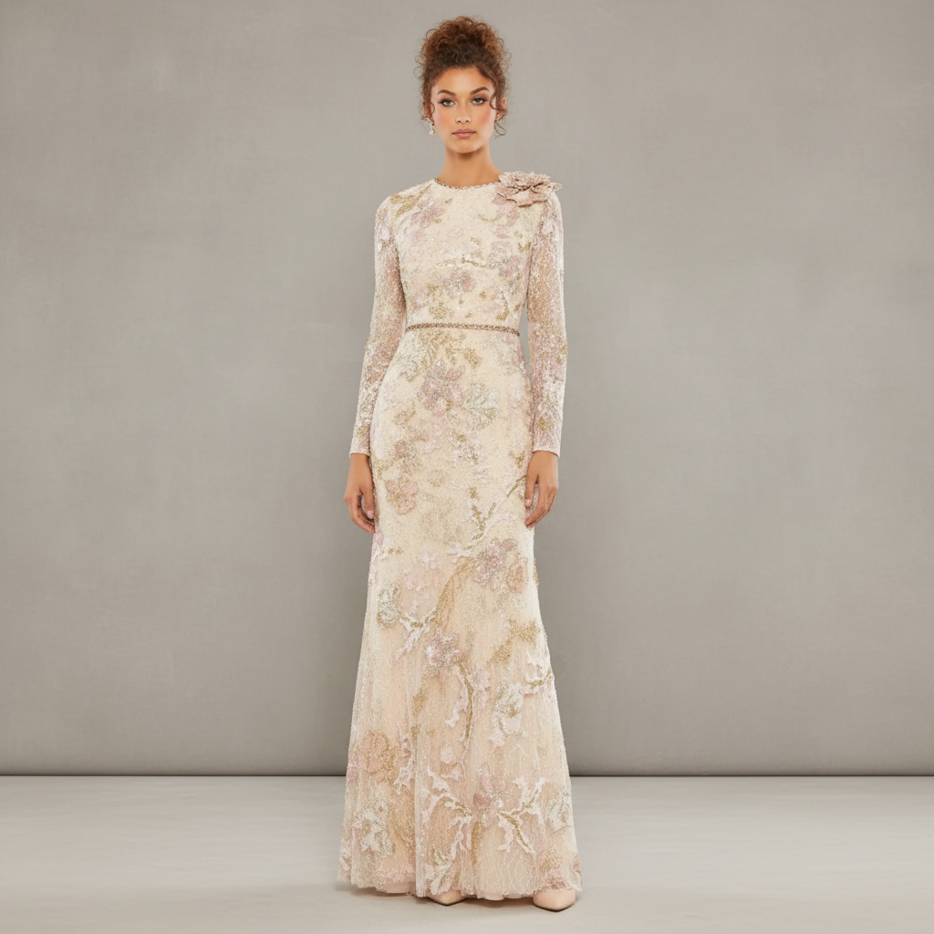 Pink and Beige Embroidered Lace Trumpet Evening Dress