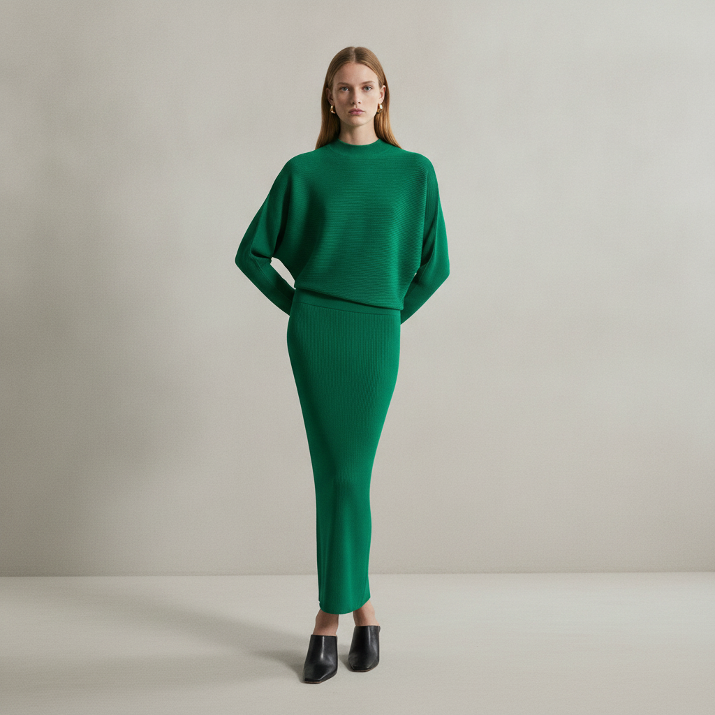 Drape Knit Bat Wing Pencil Midi Dress