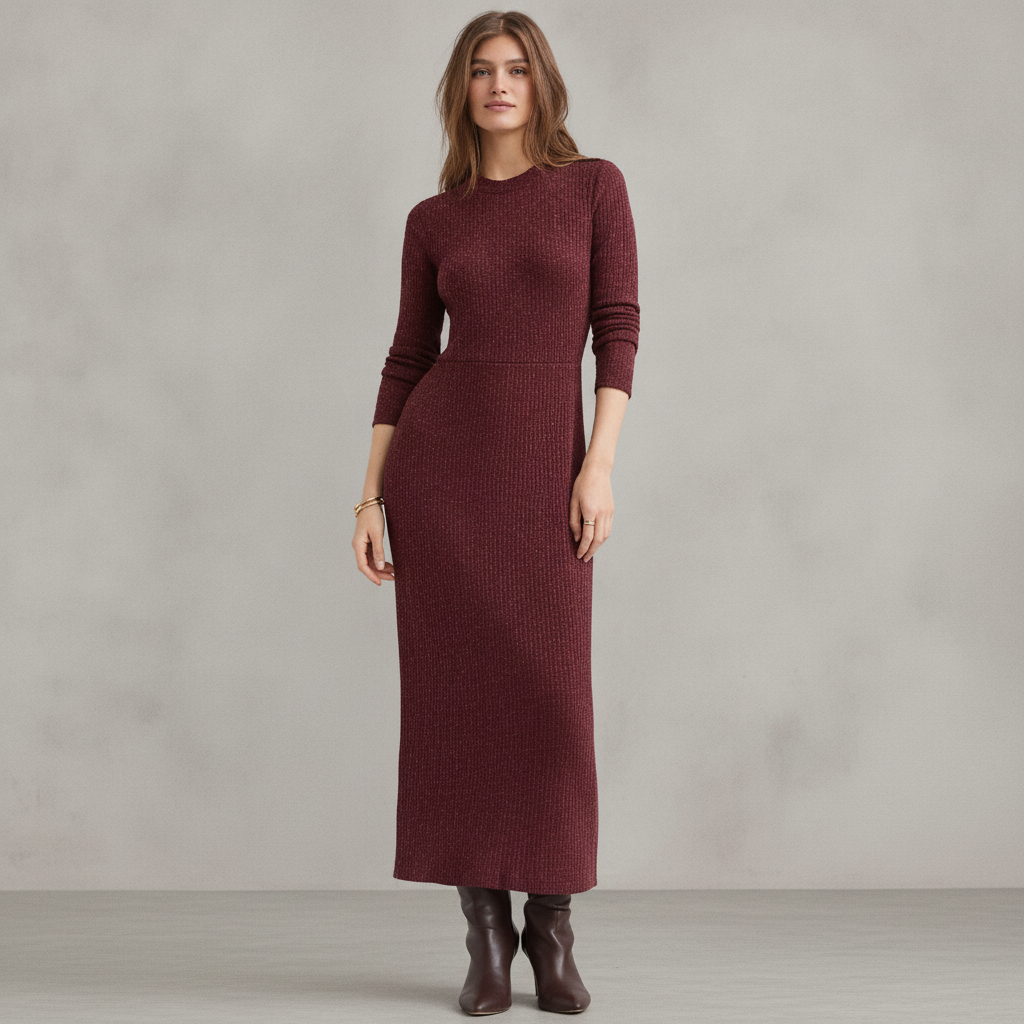 Ribbed Shoulder Button Midi Dress