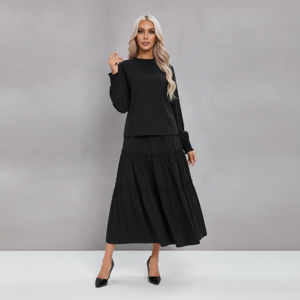 BLACK TIERED MIDI DRESS OUTFIT SET