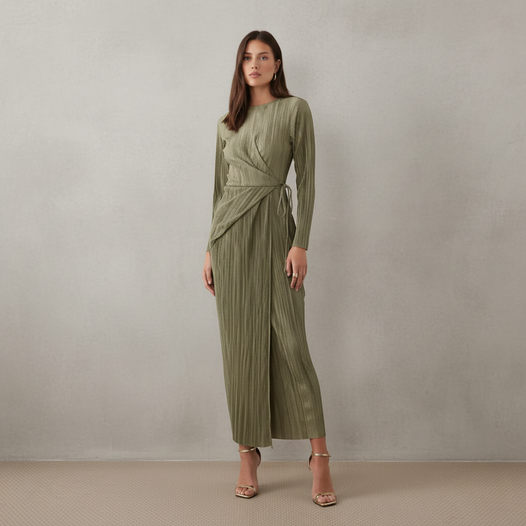 Khaki Plisse Long Sleeve Tie Waist Wrap Maxi Dress