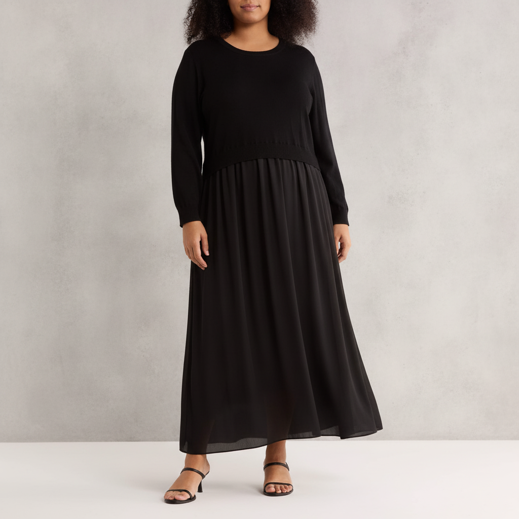 MAX STUDIO Long Sleeve Twofer Sweater Dress - Plus - Black