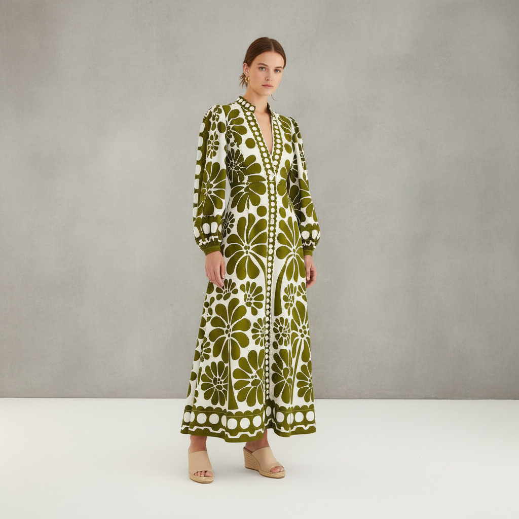 Green Palermo Buttoned Puff Sleeve Maxi Dress